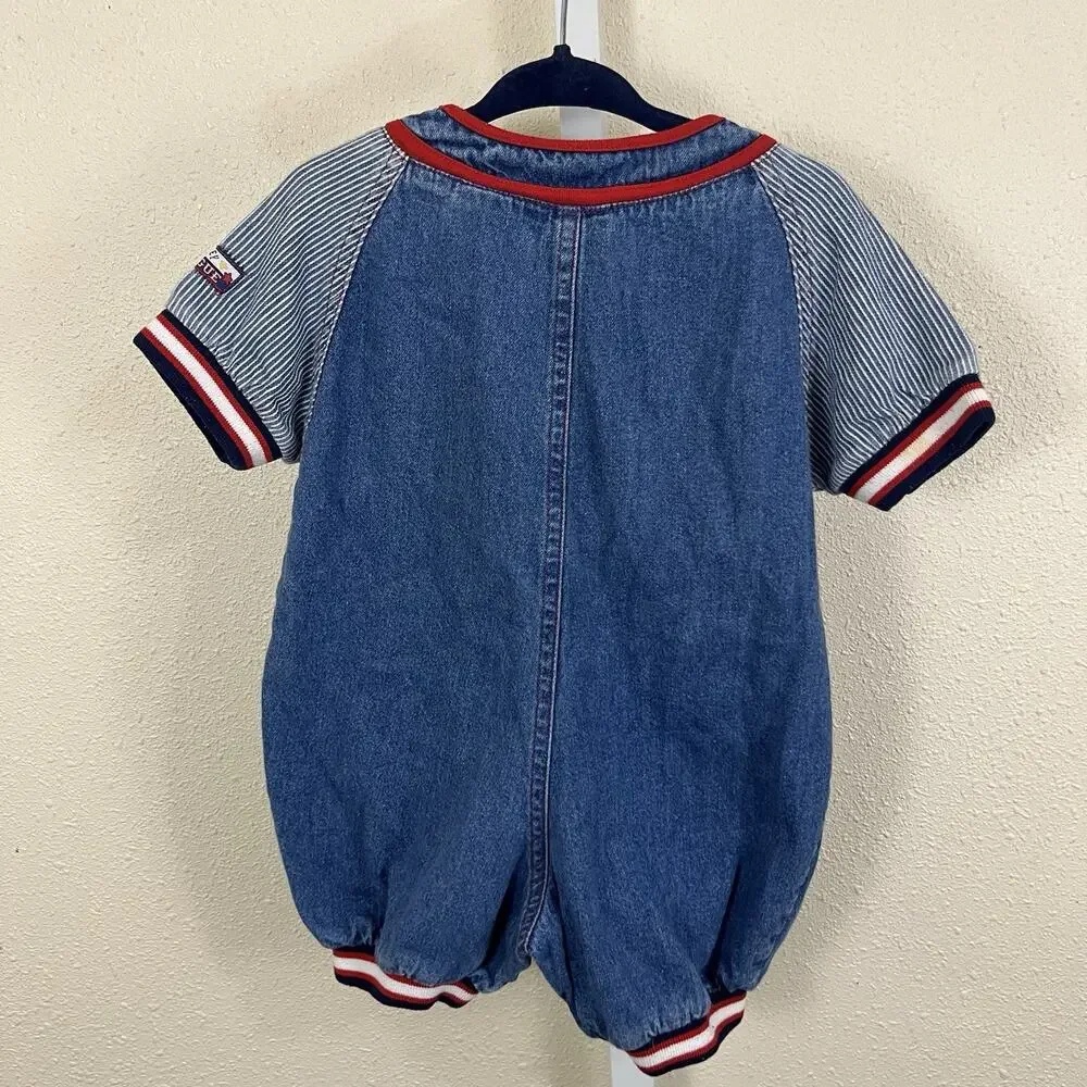 Vintage Y2K Disney Winnie the Pooh Denim Romper Baby 18M Baseball Shortall 2000